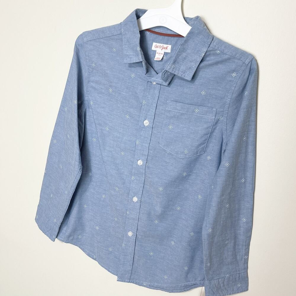 Boys Poplinβ Printed Long Sleeve Button Down Shirt Cat & Jack Blue (4-5) XS